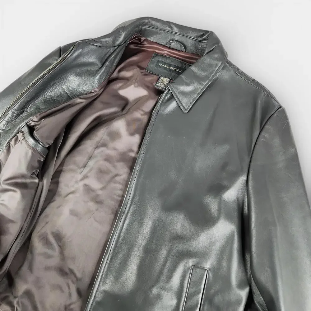 Y2K Banana Republic Leather Bomber Jacket Mens Large Gray Biker Zip Vents Lined